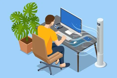 Isometric illustration of a man working at a desk with a laptop while a small Stock Illustration