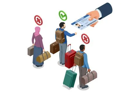 Isometric illustration of migrants receiving work permit approval or denial at Stock Illustration