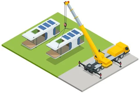 Isometric illustration of a mobile crane installing a solar powered capsule home Stock Illustration