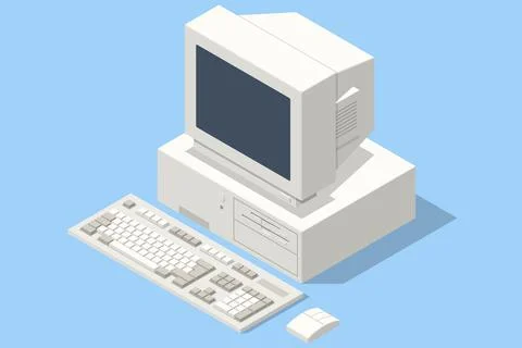 An isometric illustration of an old desktop computer set: monitor, keyboard, and Stock Illustration