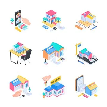 Isometric illustration pack representing enterprise data server network, cloud Stock Illustration