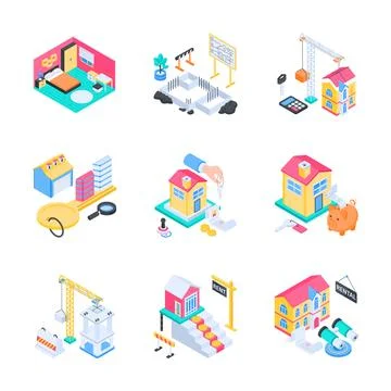 Isometric illustration pack representing server data logistics, factory Stock Illustration