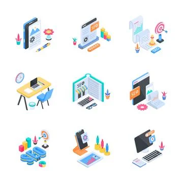 Isometric illustration pack representing server data logistics, factory Stock Illustration