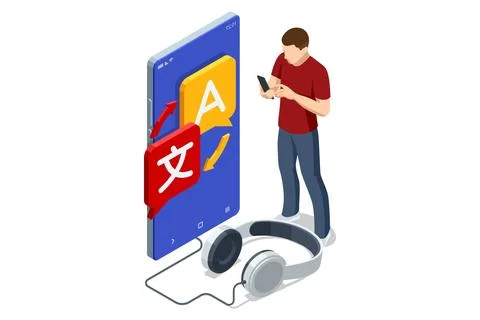 Isometric illustration of people using AI mobile translator app for Stock Illustration