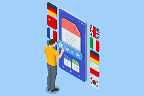 Isometric illustration of people using AI mobile translator app for Stock Illustration