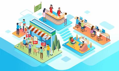 Isometric illustration of people working and hangout at cafe and coworking sp Stock Illustration