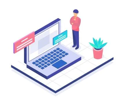 Isometric illustration of person using laptop with chat messages Stock Illustration