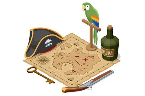 An Isometric illustration of pirate essentials a treasure map with an X, a イラスト素材