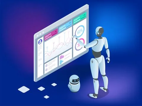 Isometric illustration of a robot interacting with a digital data interface Illustrazione stock
