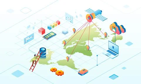 Isometric illustration of satelite data network connection in cloud database Stock Illustration
