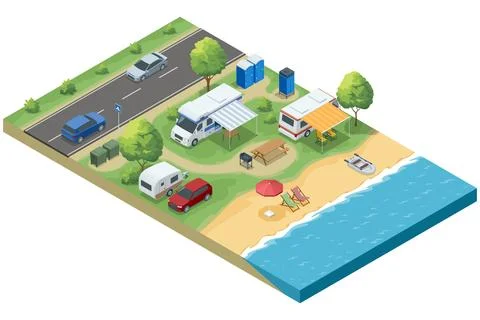 Isometric illustration of a seaside camping area with RVs, caravans, cars, beach Stock Illustration