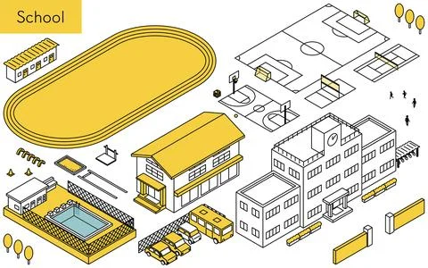 Isometric illustration set of simple line drawings for school buildings, pl.. Ilustración de archivo