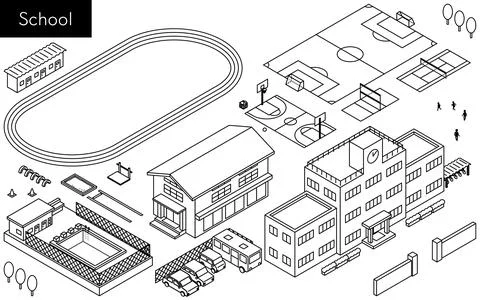 Isometric illustration set of simple line drawings for school buildings, pl.. Ilustración de archivo