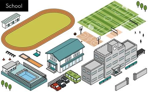 Isometric illustration set of simple line drawings for school buildings, pl.. Ilustración de archivo