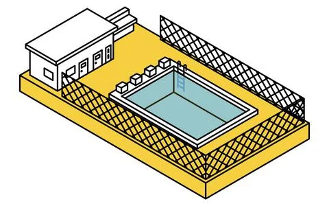 Isometric illustration of a simple line drawing of a fenced outdoor school .. Stock Illustration