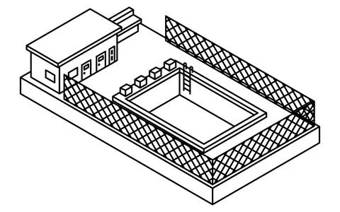 Isometric illustration of a simple line drawing of a fenced outdoor school .. Stock Illustration