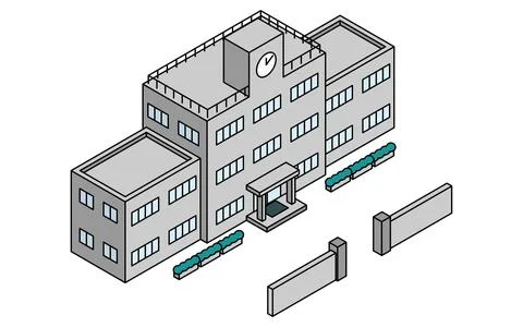 Isometric illustration of a simple line drawing of a school building/buildi.. Stock Illustration