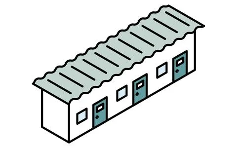 Isometric illustration of a simple line drawing of a prefabricated shed for.. Stock Illustration
