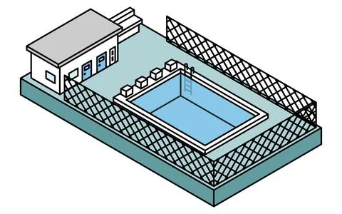 Isometric illustration of a simple line drawing of a fenced outdoor school .. Stock Illustration