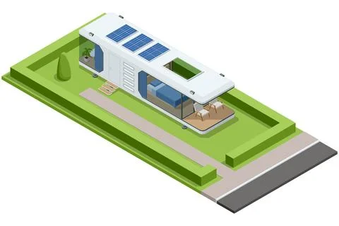 Isometric illustration of a solar powered modular capsule home with rooftop Stock Illustration