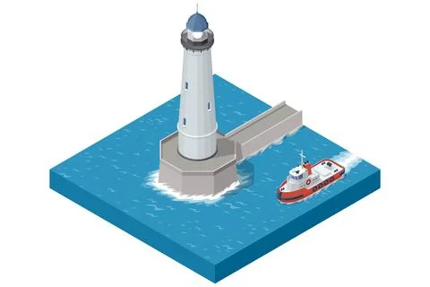 An Isometric illustration of a tall, modern lighthouse connected by a bridge to Ilustración de archivo