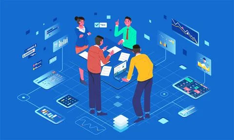 Isometric illustration of teamwork have discussion on the meeting with infogr Stock Illustration