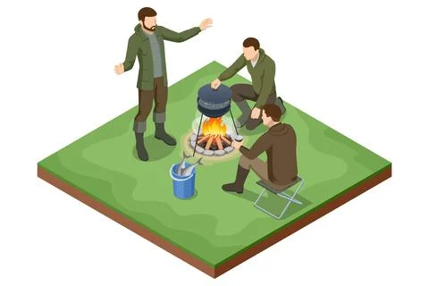 An isometric illustration of three men gathered around a campfire, with one Stock Illustration