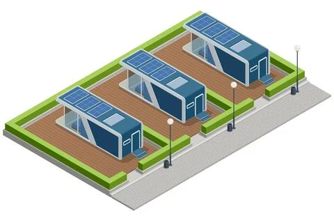 Isometric illustration of three solar powered capsule homes arranged in a modern Stock Illustration