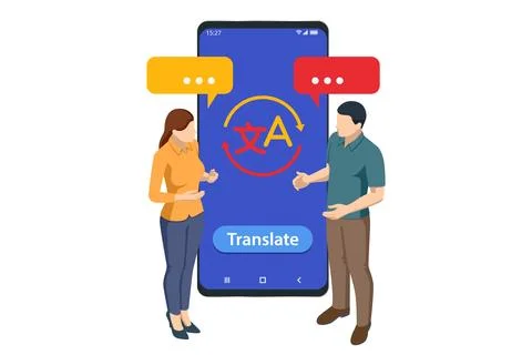 Isometric illustration of two people using AI mobile translator app for Stock Illustration