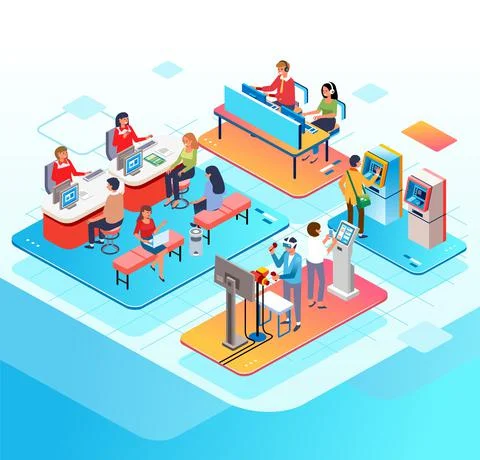 Isometric illustration of various activities in a bank building, customers ar Stock Illustration