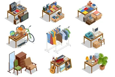 Isometric illustration of various second-hand goods displayed on tables Stock Illustration