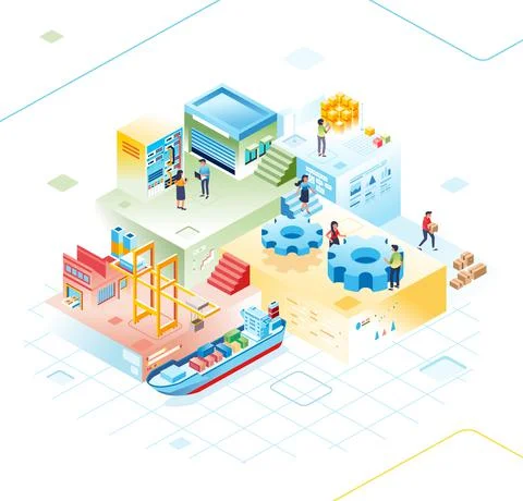 Isometric illustration of various types of digital business, buying and selli Stock Illustration