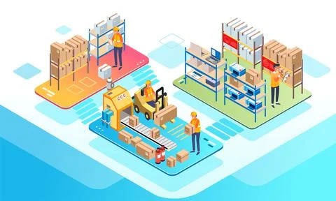 Isometric illustration of warehouse activity, worker checking goods stock and Stock Illustration