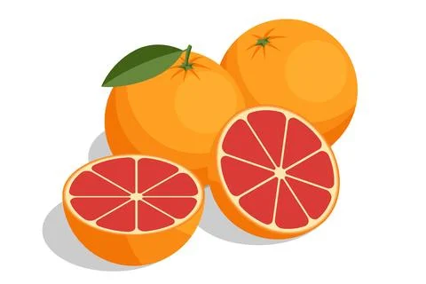 Isometric illustration of whole grapefruit and cut half with red pulp and green 库存插图