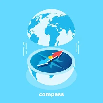 Isometric image on a blue background, the globe divided into two halves and.. Stock Illustration