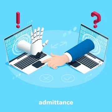 Isometric image on a blue background, the hands of a robot and a person fro.. Stock Illustration