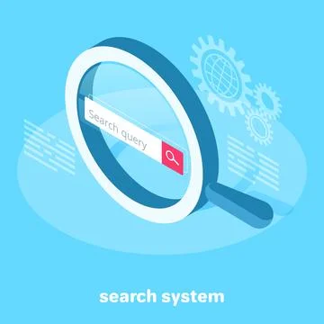 Isometric image on a blue background, a magnifying glass and an Internet br.. Stockillustratie