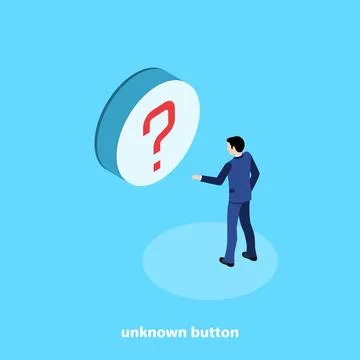 Isometric image on a blue background, a man in a business suit wants to click Stock Illustration