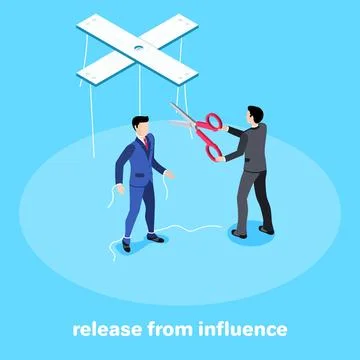 Isometric image on a blue background, a man in a business suit on threads l.. Stock Illustration
