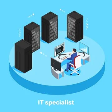 Isometric image on a blue background, a man in a business suit is sitting a.. Stockillustratie