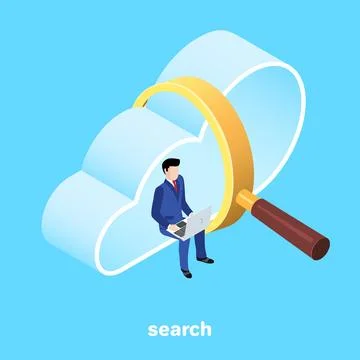 Isometric image on a blue background, a man in a business suit with a lapto.. Stockillustratie