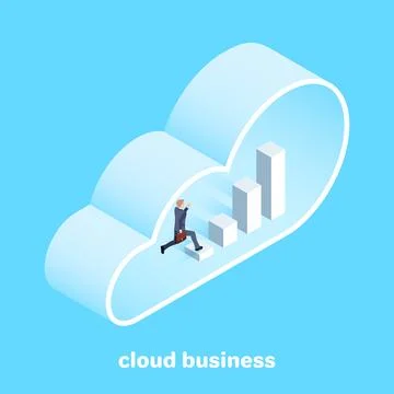 Isometric image on a blue background, a man in a business suit running alon.. Illustrazione stock