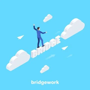 Isometric image on a blue background, a man in a business suit walks over a.. Ilustração Stock