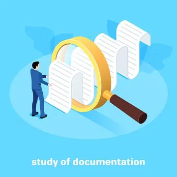 Isometric image on a blue background, a man in a business suit looks throug.. Stock Illustration