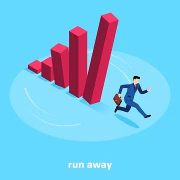 Isometric image on a blue background, a man in a business suit runs away fr.. Stock Illustration