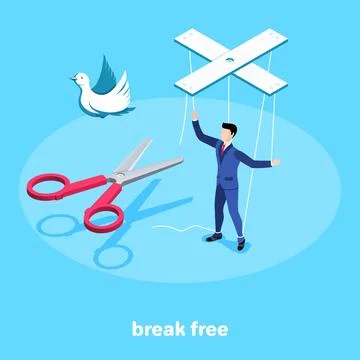 Isometric image on a blue background, a man in a business suit on threads l.. Illustrazione stock