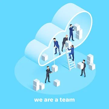 Isometric image on a blue background, men in business suits work in a team .. Stock Illustration