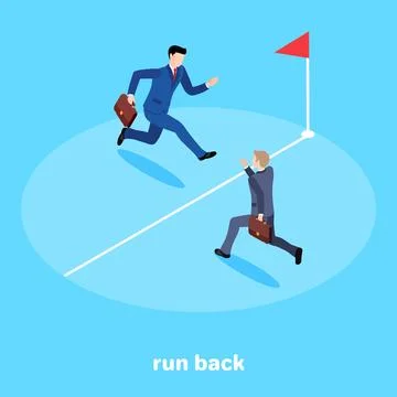 Isometric image on a blue background, men in business suits run to the whit.. Stock Illustration