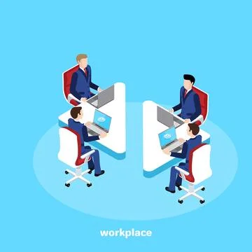 Isometric image on a blue background, people in business suits sit behind the Stock Illustration