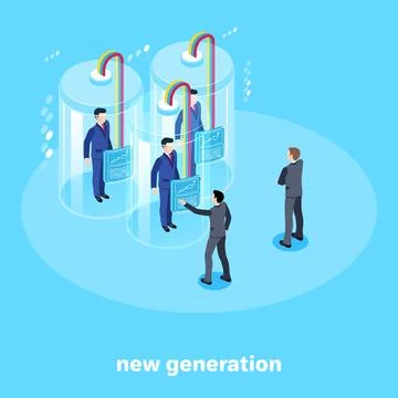 Isometric image on a blue background, people in business suits and glass ca.. Stock Illustration